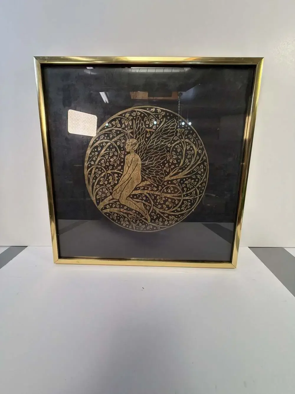Vintage Gaunt Art Nouveau Fairy Gold Tone Relief Wall Decor in Brass Frame